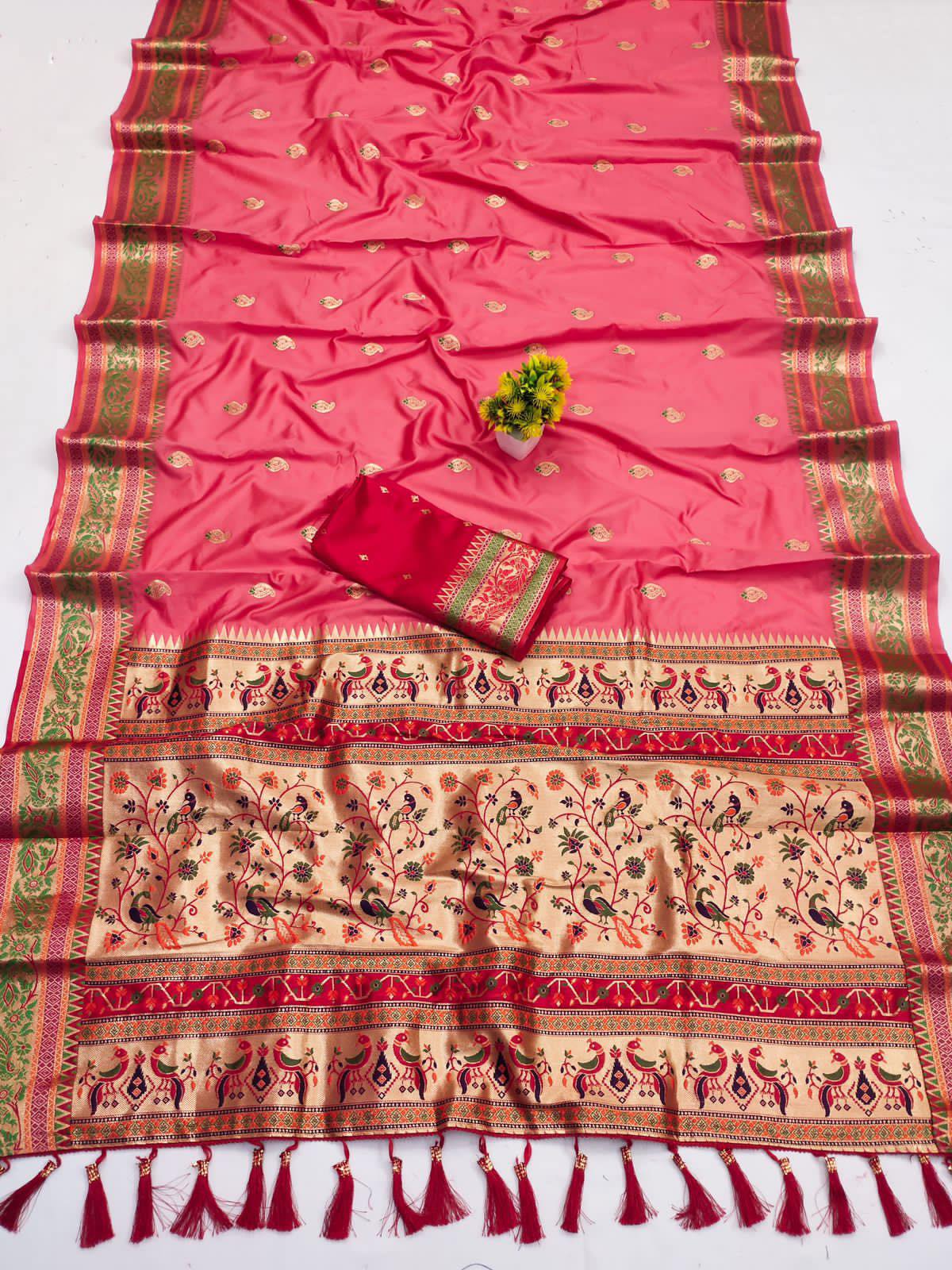 Pink Soft Silk Paithani Saree With Beautiful Gold Zari , SARI#980