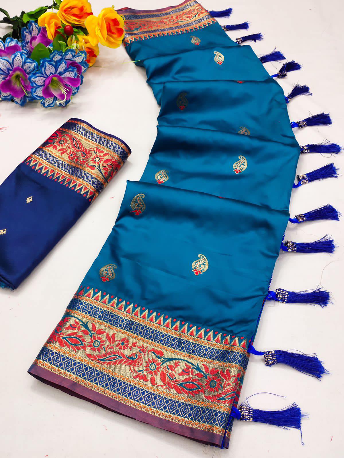 Blue Soft Silk Paithani Saree With Beautiful Gold Zari , SARI#982