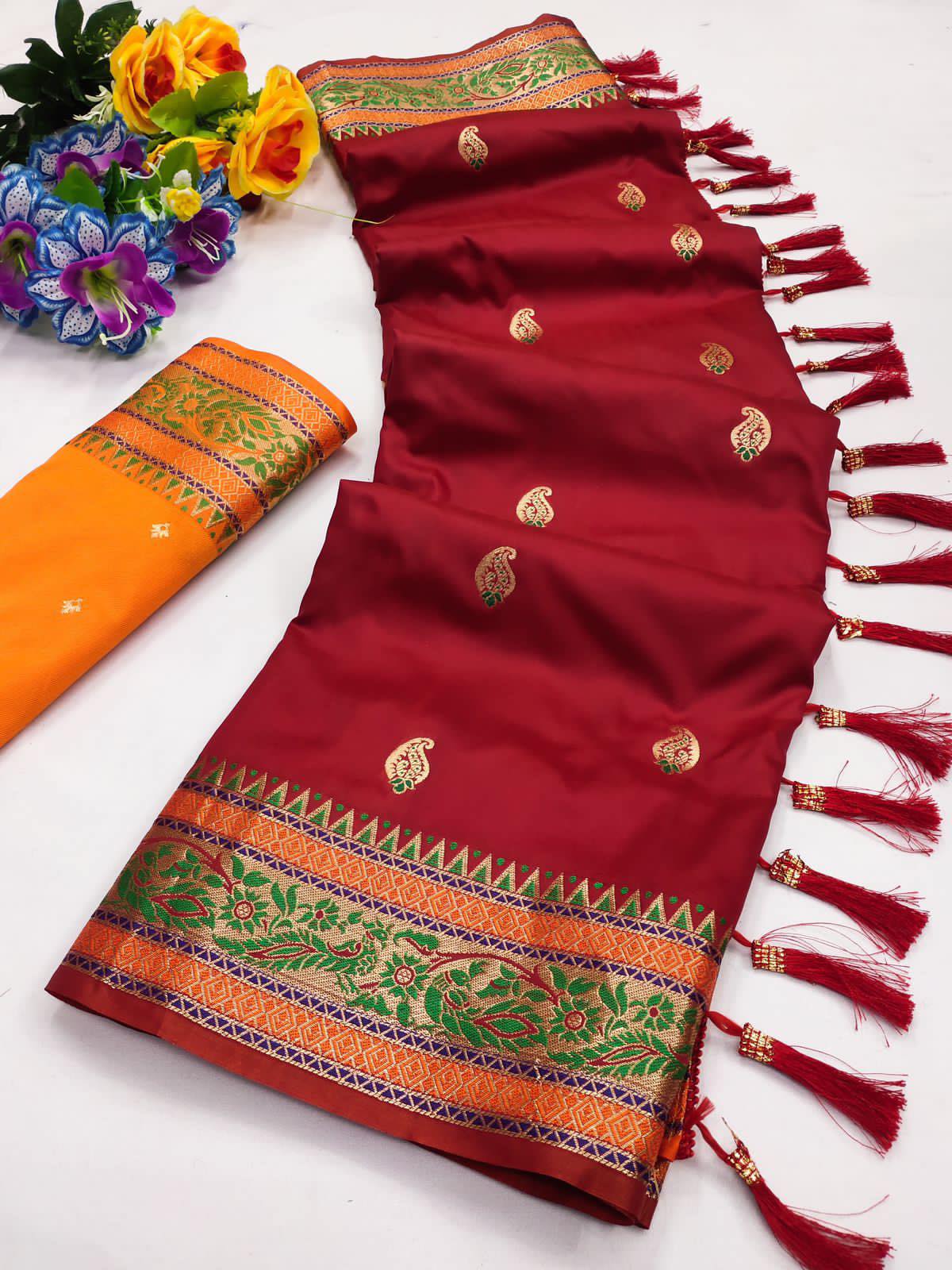 Maroon Soft Silk Paithani Saree With Beautiful Gold Zari , SARI#983