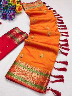 Orange Soft Silk Paithani Saree With Beautiful Gold Zari , SARI#984