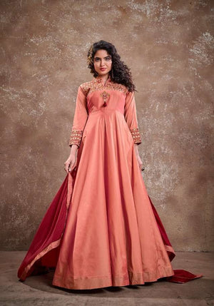 Designer Party Wear Gown with Dupatta in Carrot Shade with Embroidery, GWN #986