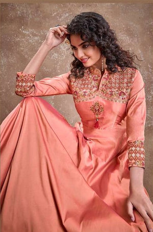 Designer Party Wear Gown with Dupatta in Carrot Shade with Embroidery, GWN #986