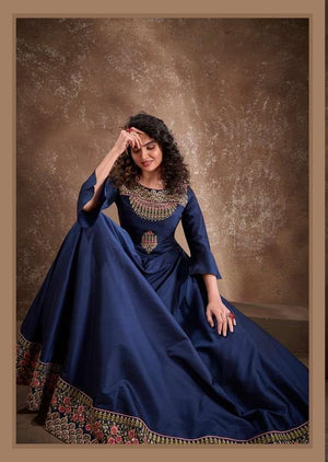Designer Party Wear Gown with Dupatta in Blue with Embroidery, GWN #987