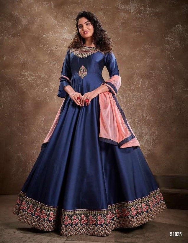 Designer Party Wear Gown with Dupatta in Blue with Embroidery, GWN #987