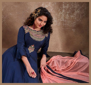 Designer Party Wear Gown with Dupatta in Blue with Embroidery, GWN #987
