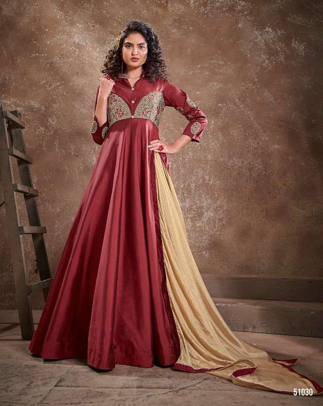 Designer Party Wear Gown with Dupatta in Maroon with Embroidery, GWN #988