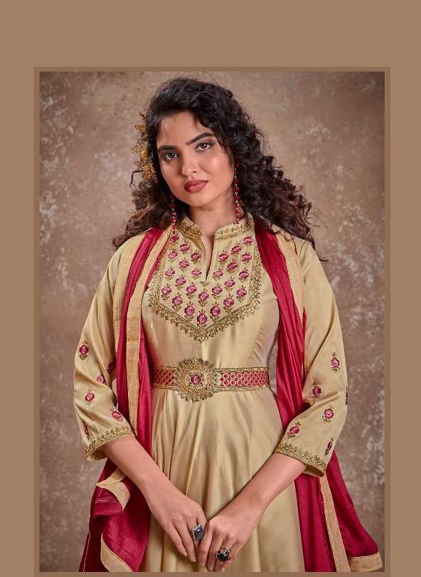 Designer Party Wear Gown with Dupatta in Beige Shade with Embroidery, GWN #990