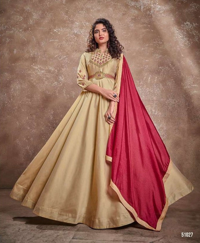 Designer Party Wear Gown with Dupatta in Beige Shade with Embroidery, GWN #990