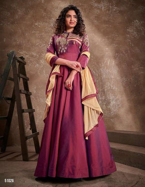 Designer Party Wear Gown with Dupatta in Maroon Shade with Embroidery, GWN #991