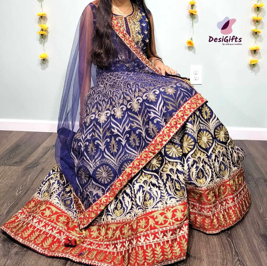 Indigo Blue Gown with Heavy Golden Zari Work, Design GWN #938