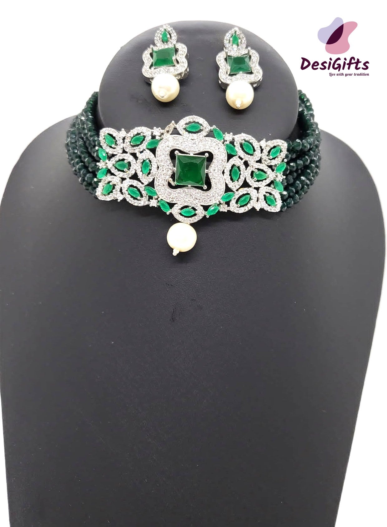 Emerald Green Indian Choker Necklace Set, NKT# 867