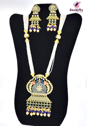Peacock Blue Kundan Style Necklace Set, NKT#870