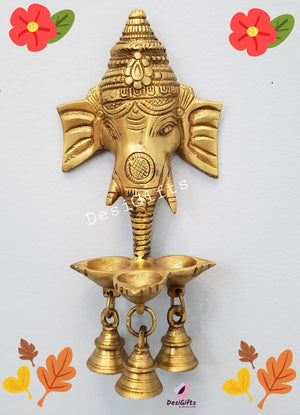 Indian Brass Ganesha Wall Hanging Lamp – Traditional Deepak with Bells for Festivals & Gifting, GHDB- 176