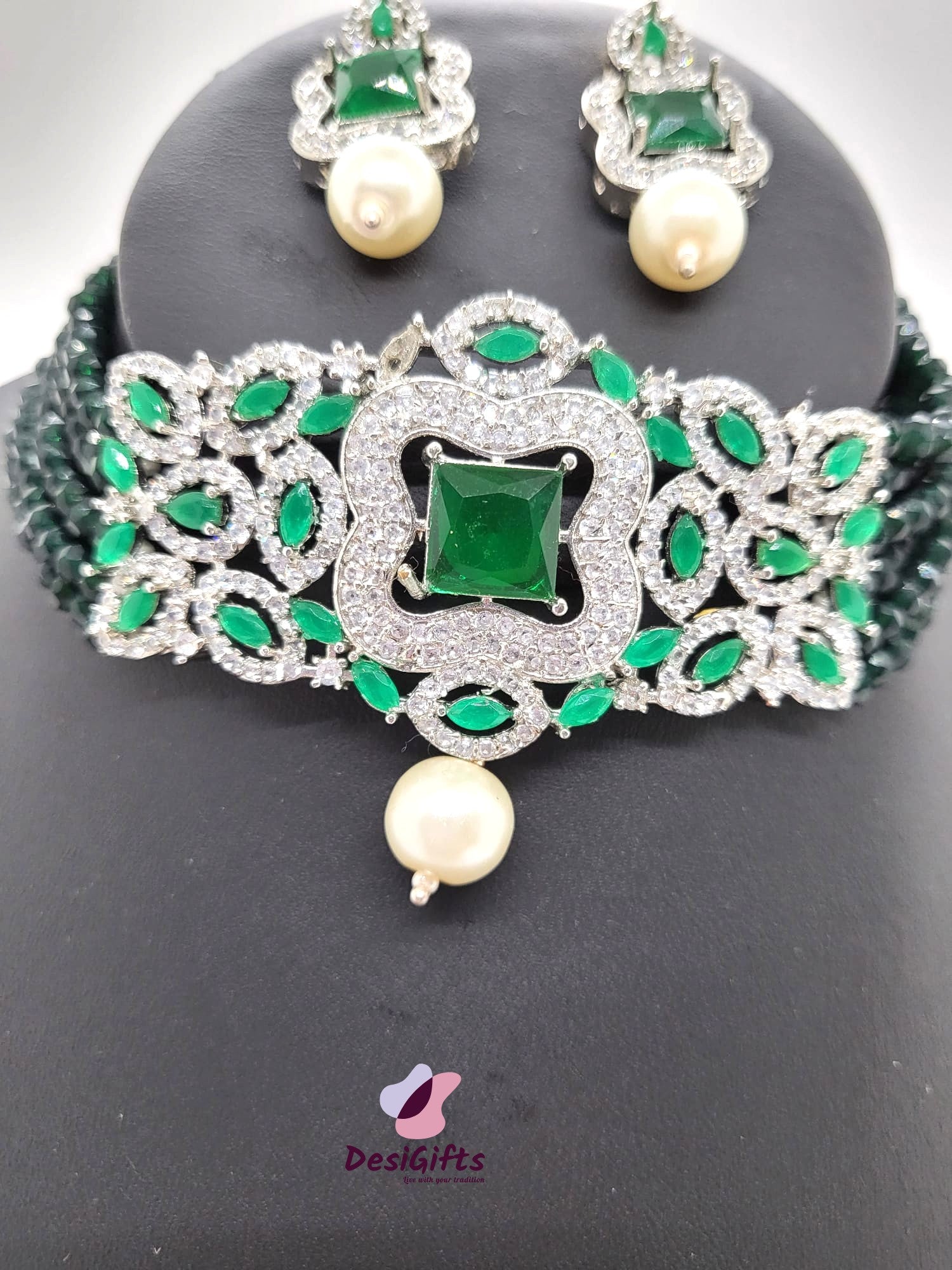 Emerald Green Indian Choker Necklace Set, NKT# 867
