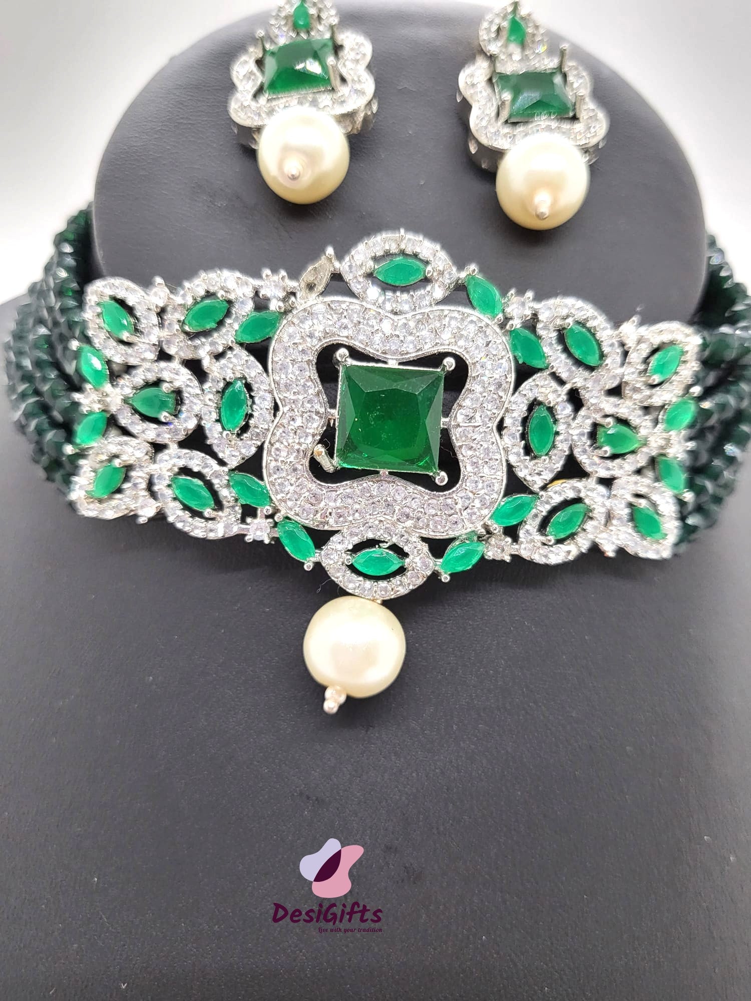 Emerald Green Indian Choker Necklace Set, NKT# 867