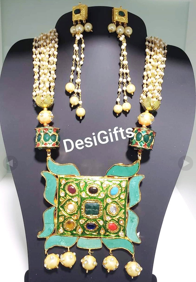 Jaipuri Takkar Kundan Pendant With Pearls Necklace Set, NKT# 333
