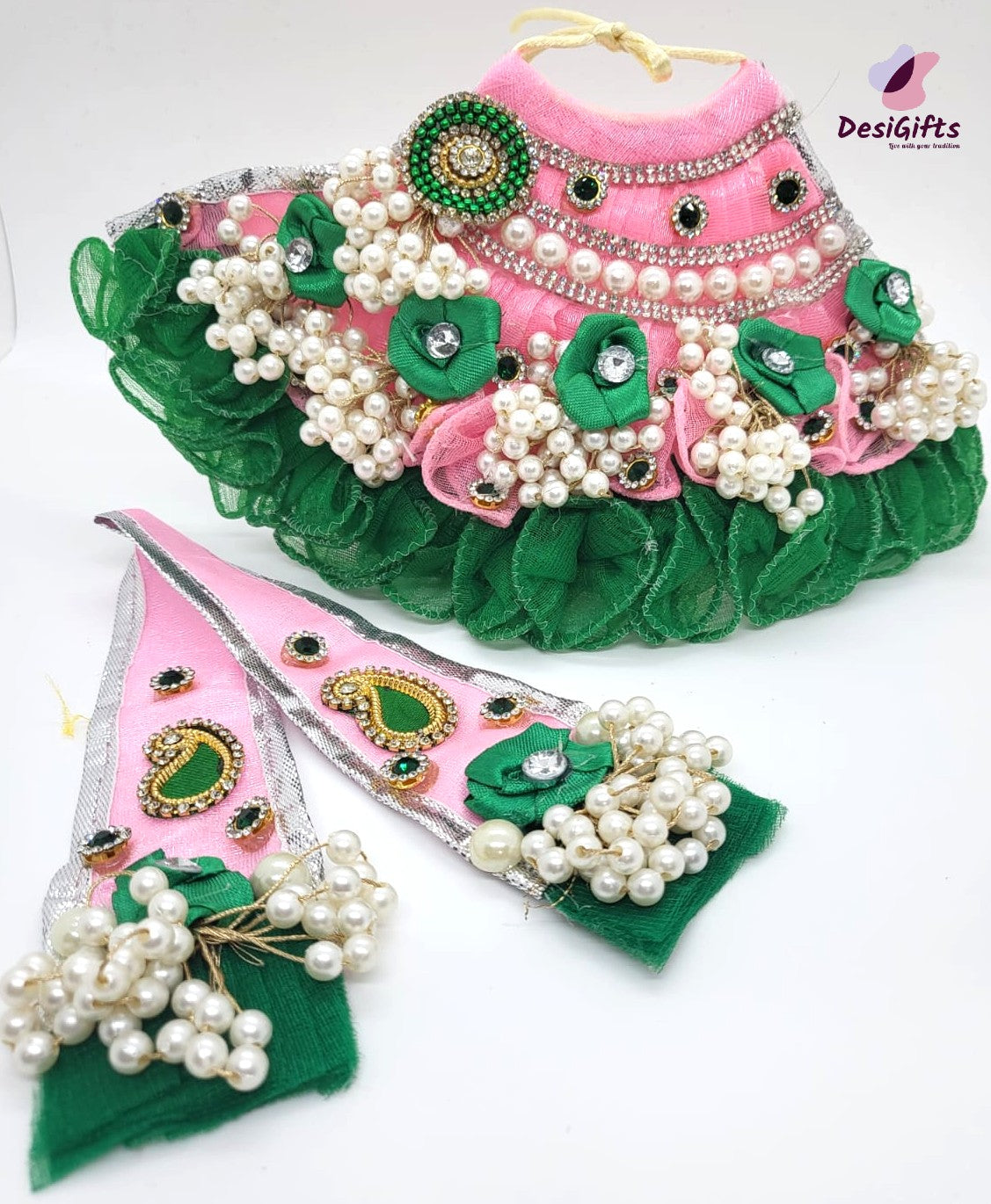 White Pearl Silk Dress Goddess Durga, Mata ji Poshak, RKF - 851