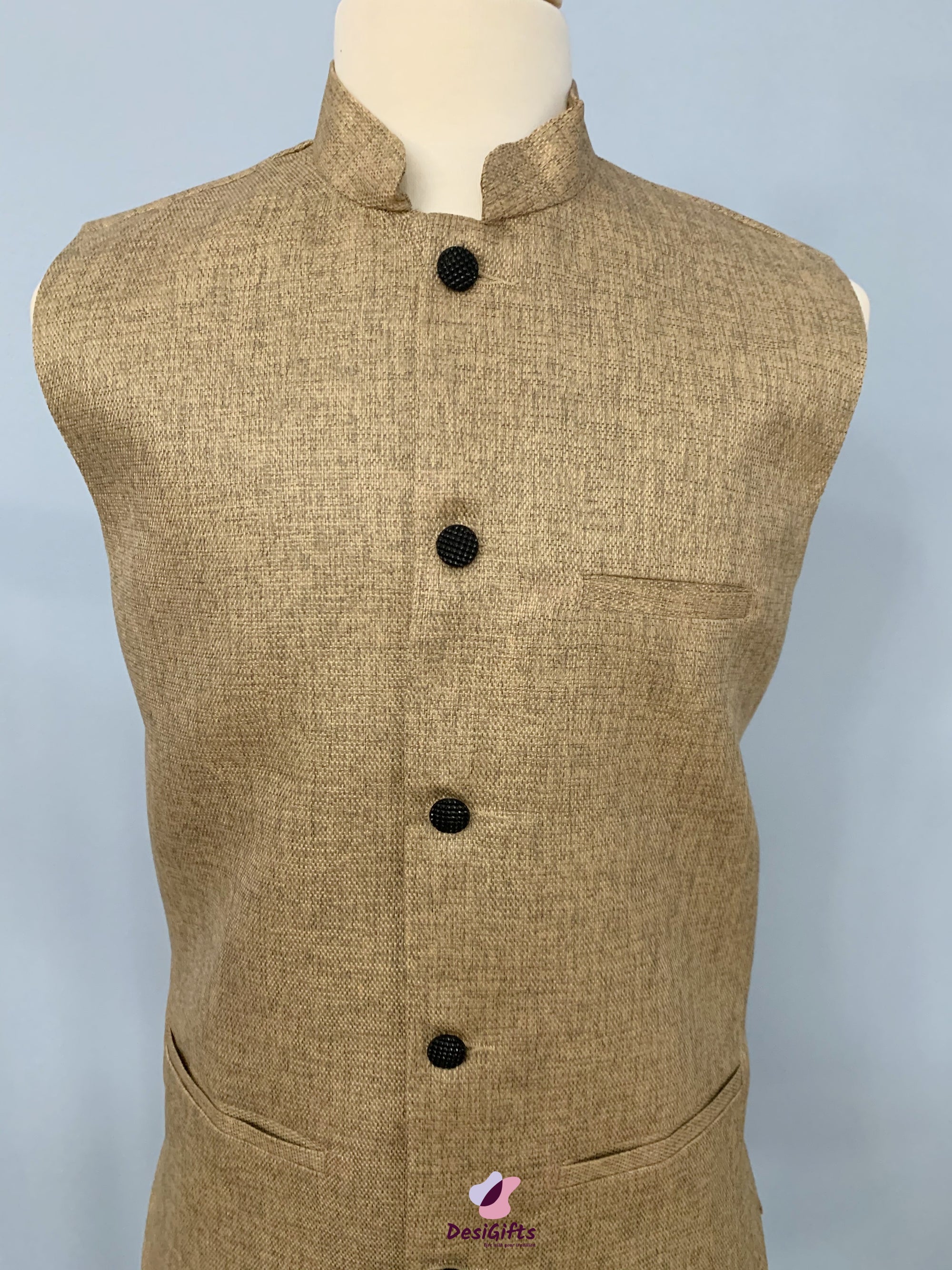 Size 36 Woven Jute Cotton Nehru Style Jacket-Design MJ#BRN 358