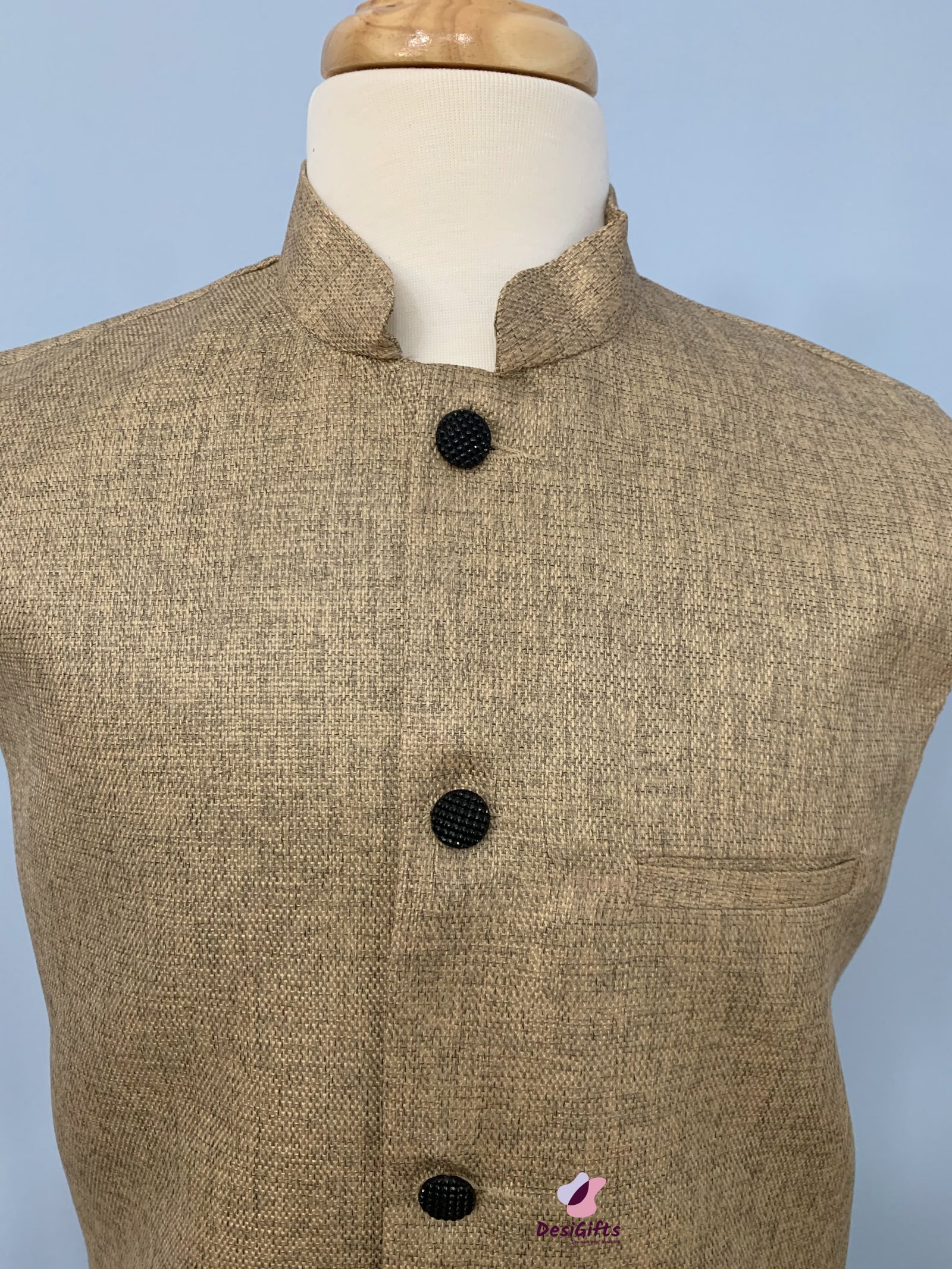 Size 36 Woven Jute Cotton Nehru Style Jacket-Design MJ#BRN 358