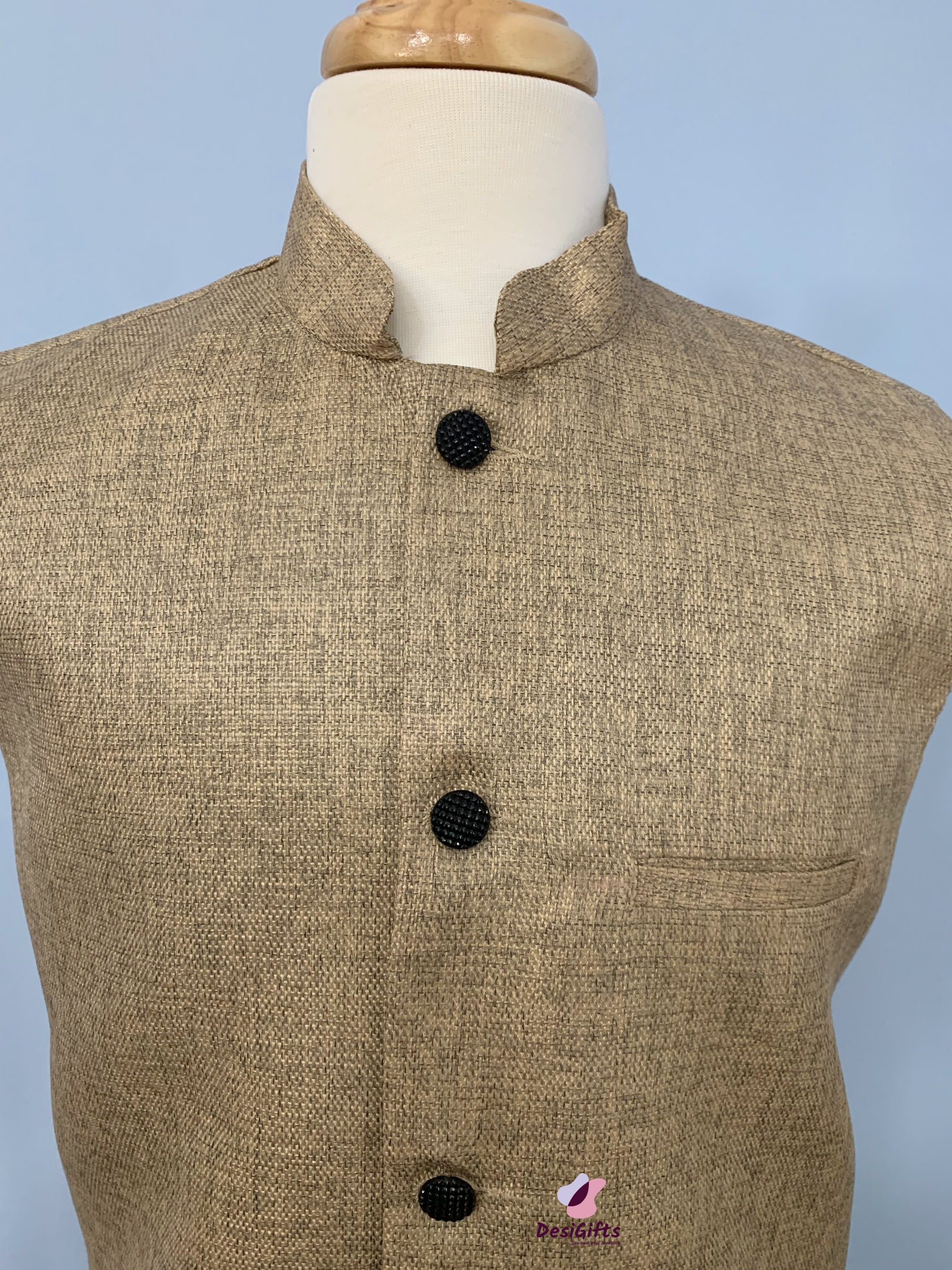 Woven Jute Cotton Nehru Style Jacket-Design MJ#BRN 358