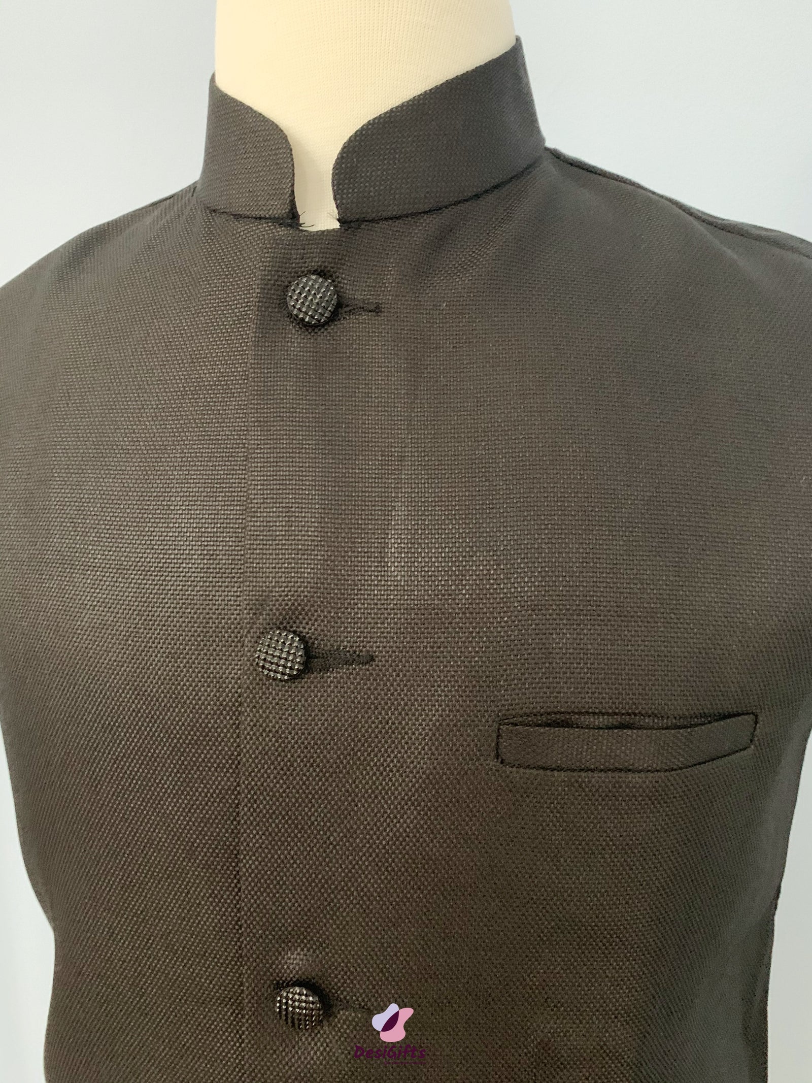 Woven Jute Cotton Nehru Style Jacket-Design, MJ#BLK 364