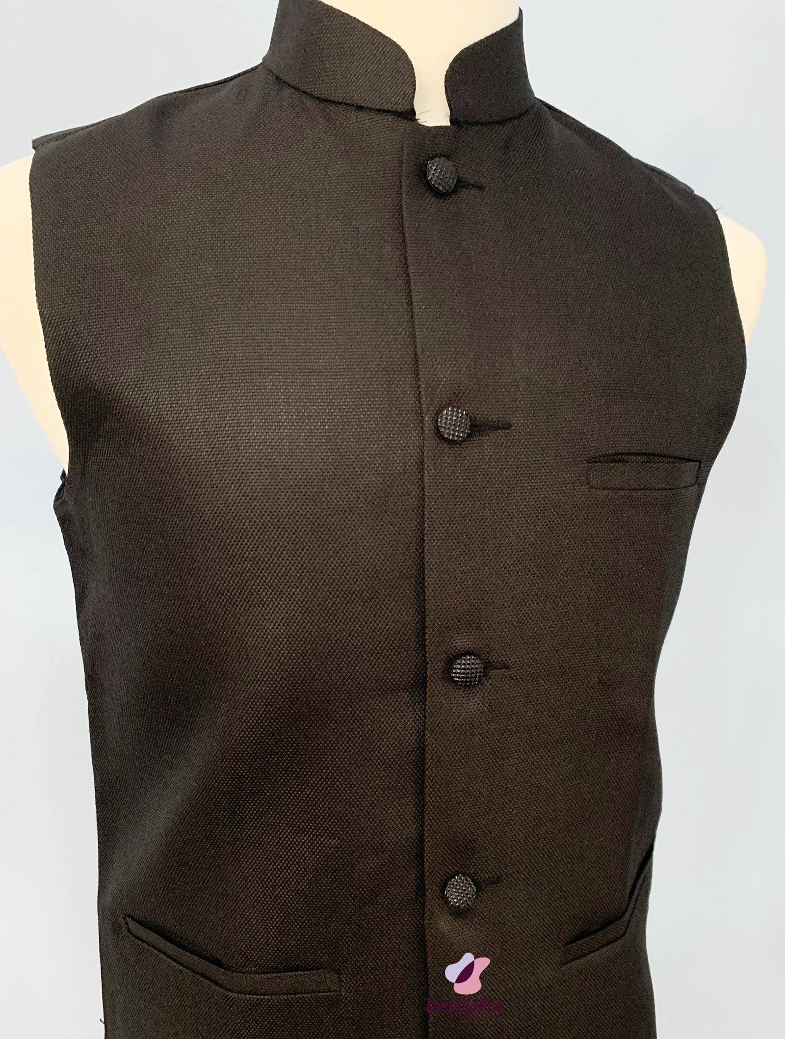 Woven Jute Cotton Nehru Style Jacket-Design, MJ#BLK 364