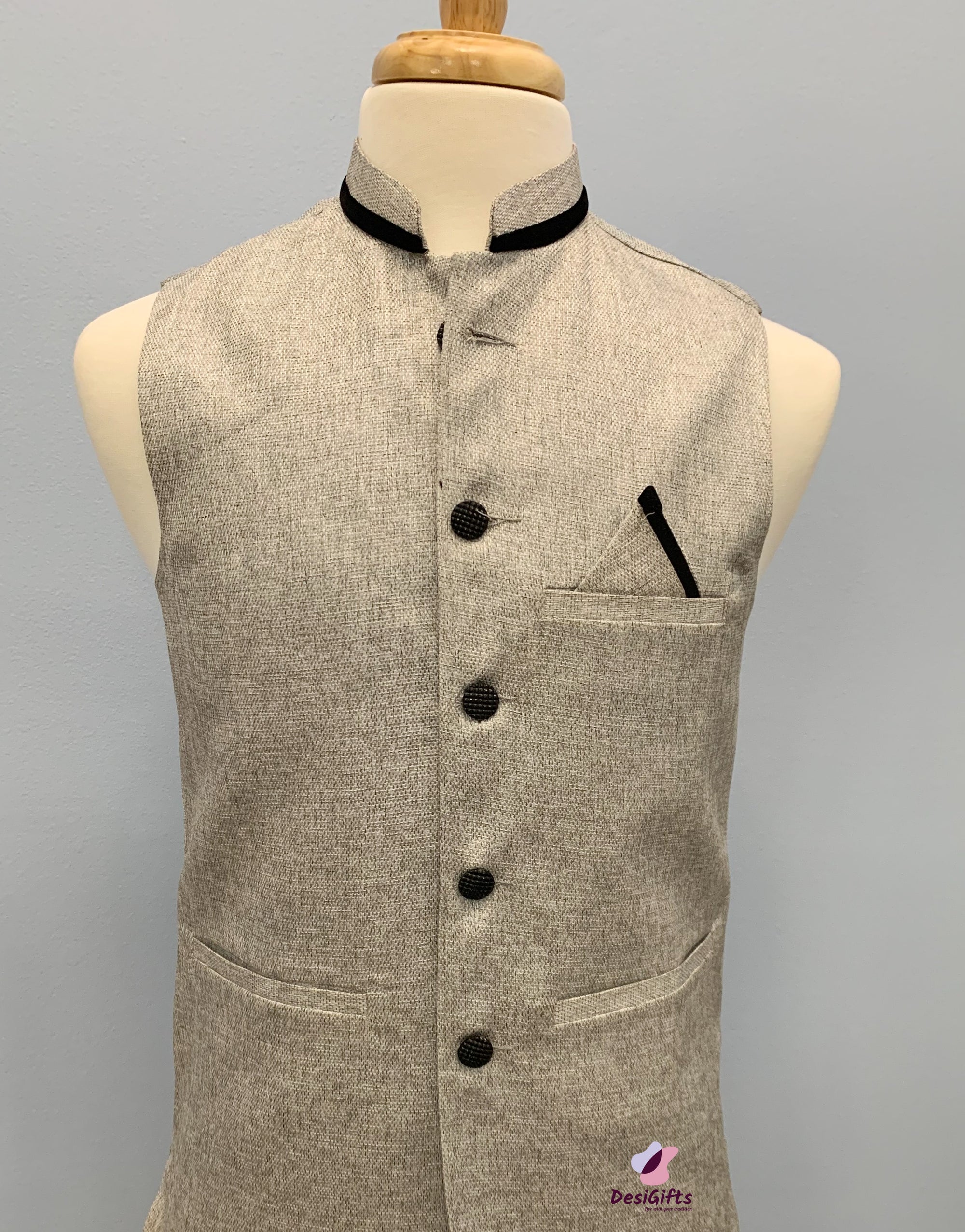 Plus Size Jute Cotton Nehru Style Jacket-Design, MJ#GRY 360