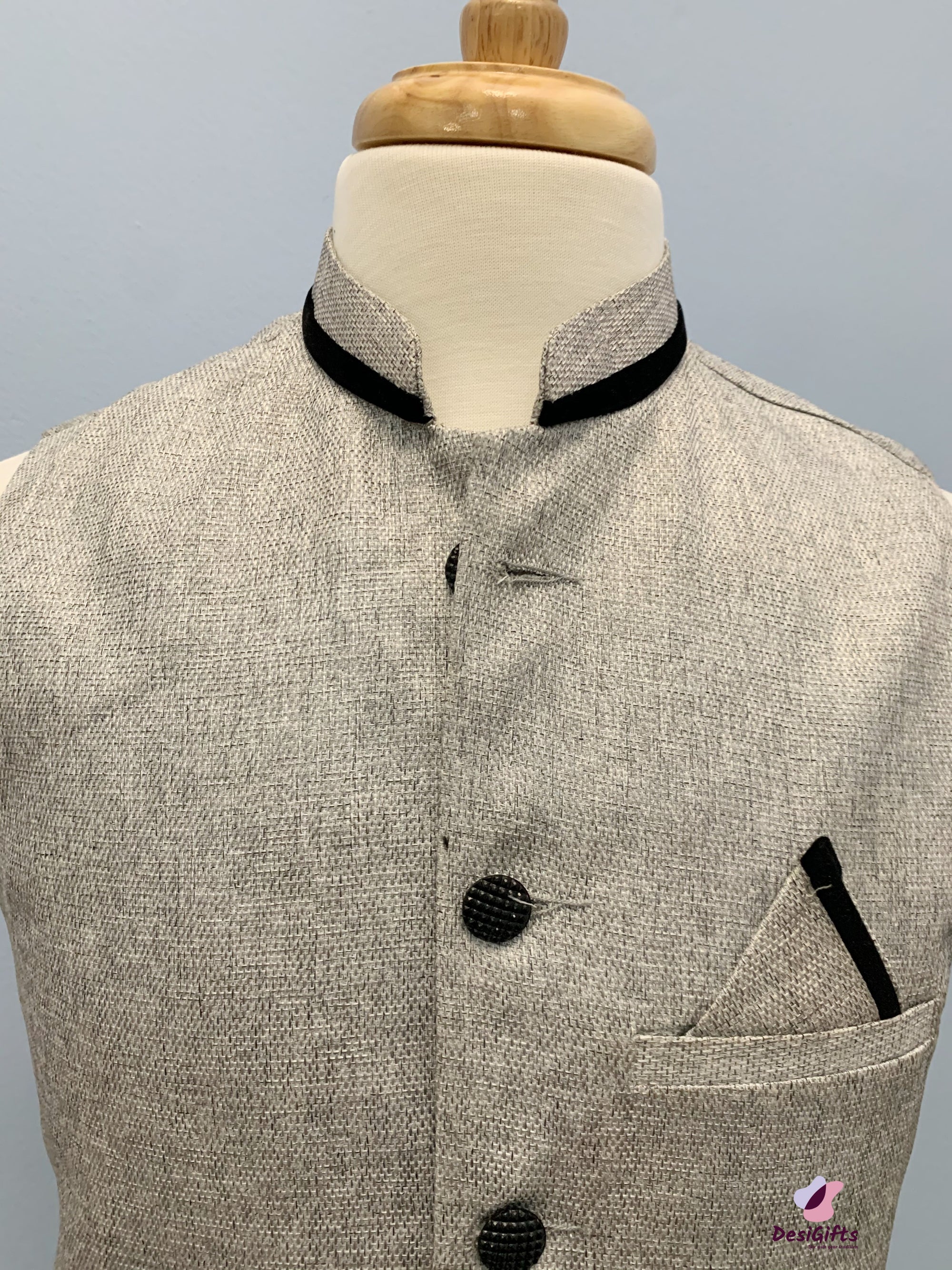Jute Cotton Nehru Style Jacket-Design, MJ#GRY 360
