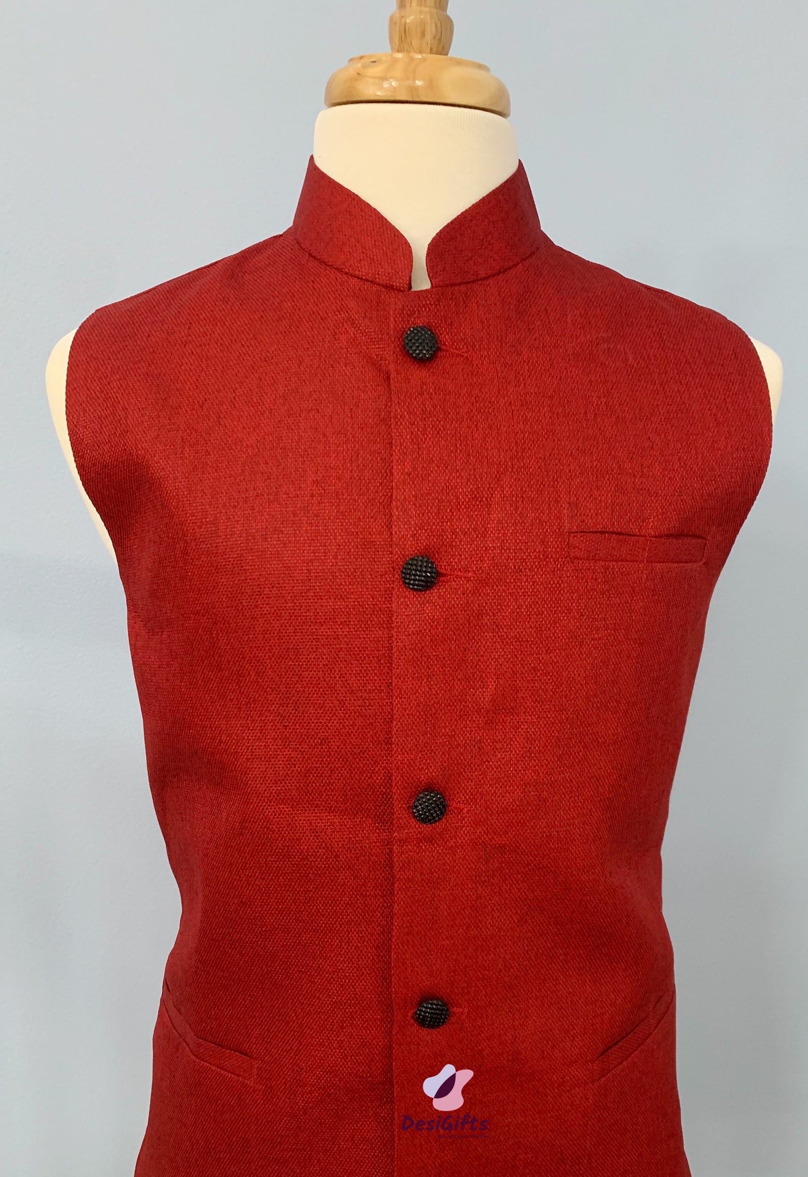 Plus Size Woven Jute Cotton Nehru Style Jacket-Design, MJ#RED 359