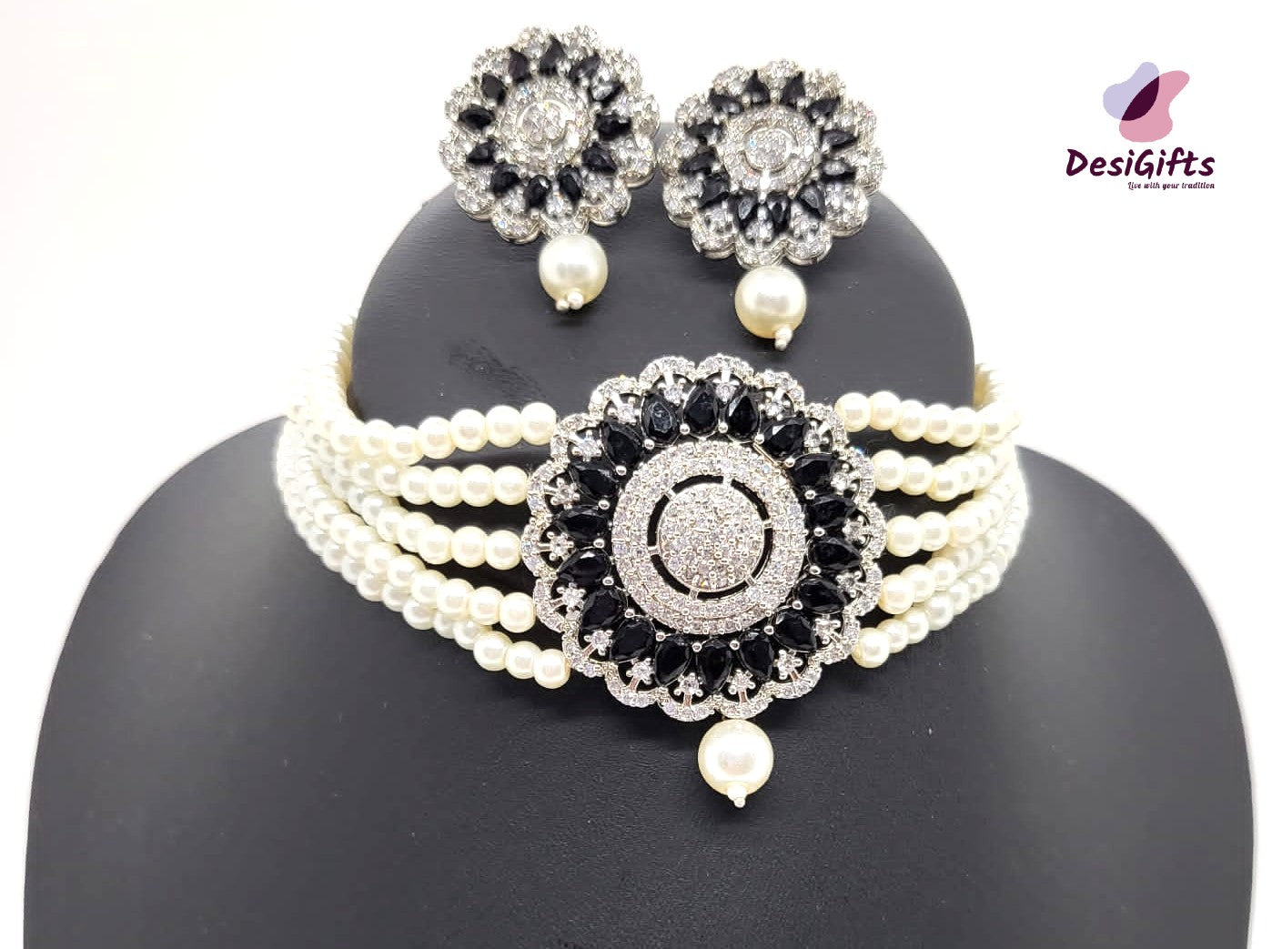 5 Rows Cream Freshwater Pearl Choker Necklace Set, NKT#864