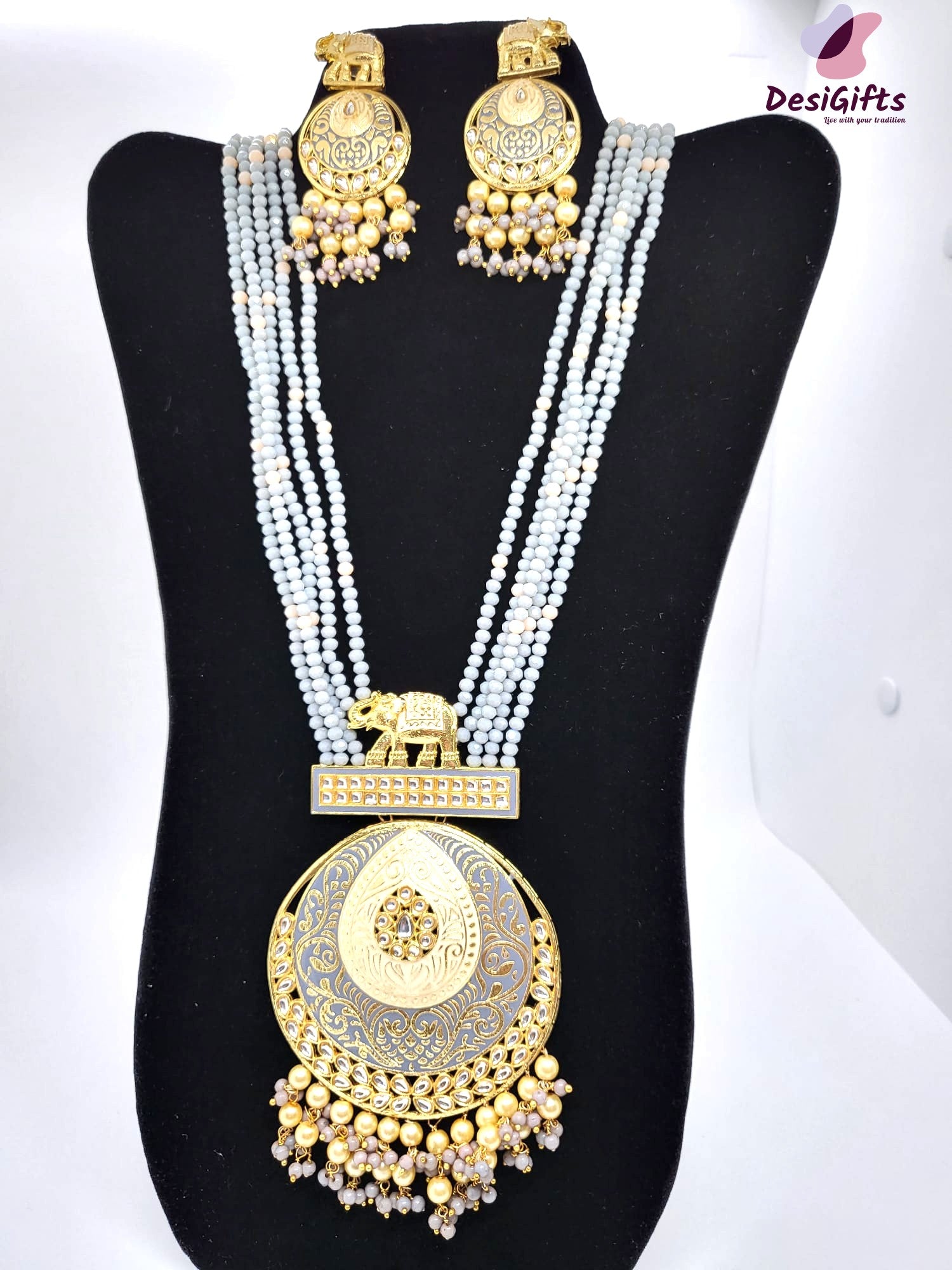 Elephant Gray Kundan Style Necklace Set, NKT# 869