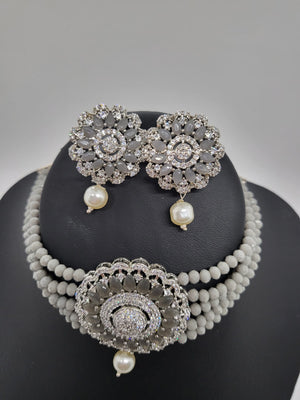 5 Rows Gray Pearl Bead Choker Necklace Set with D, NKT#866