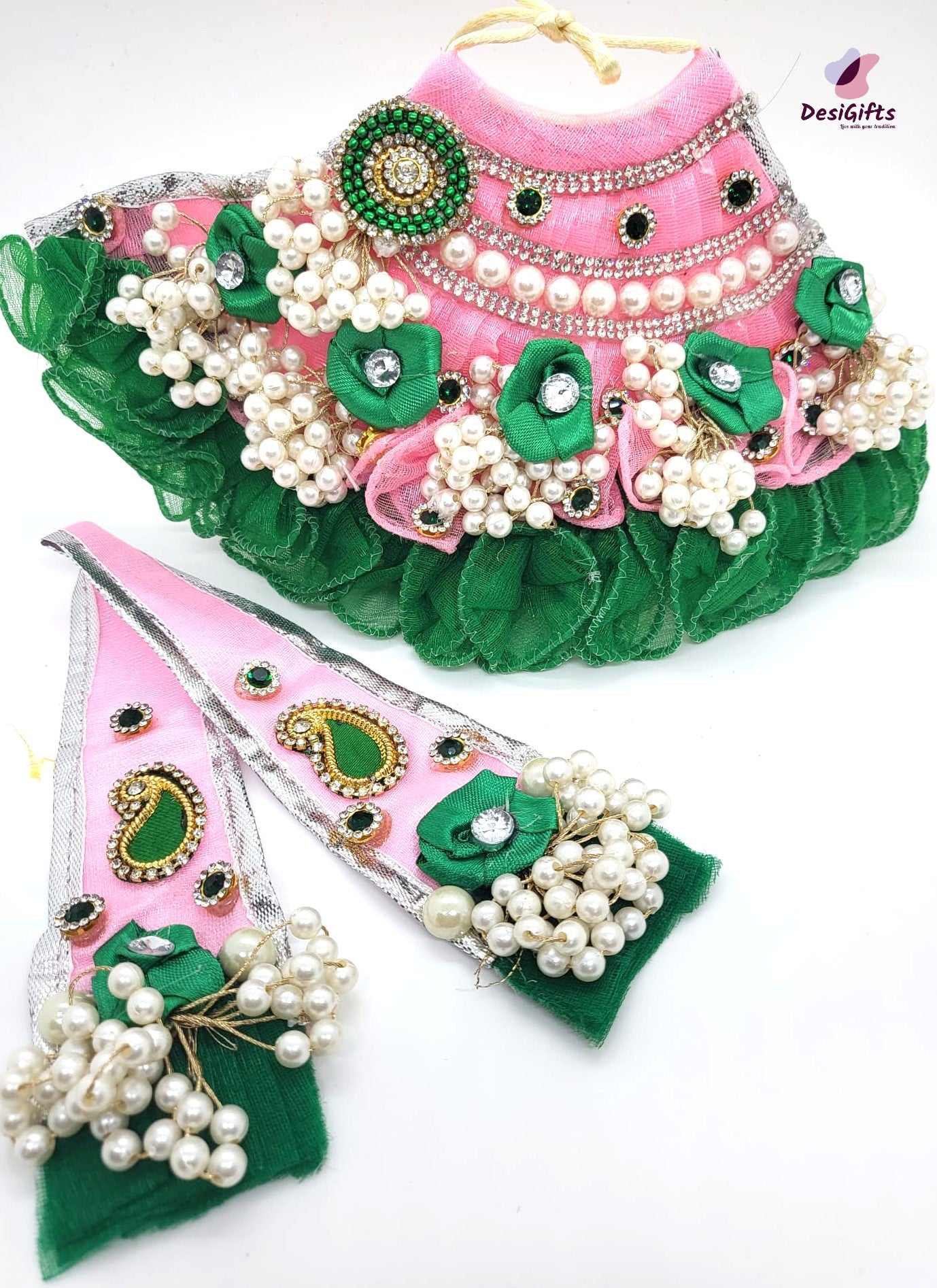 White Pearl Silk Dress Goddess Durga, Mata ji Poshak, RKF - 851