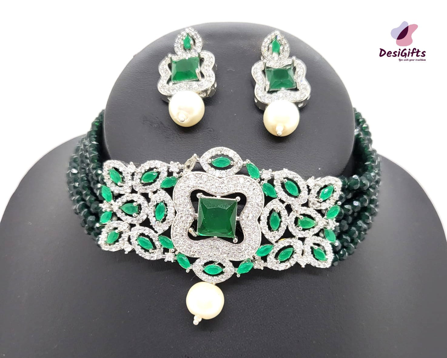 Emerald Green Indian Choker Necklace Set, NKT# 867
