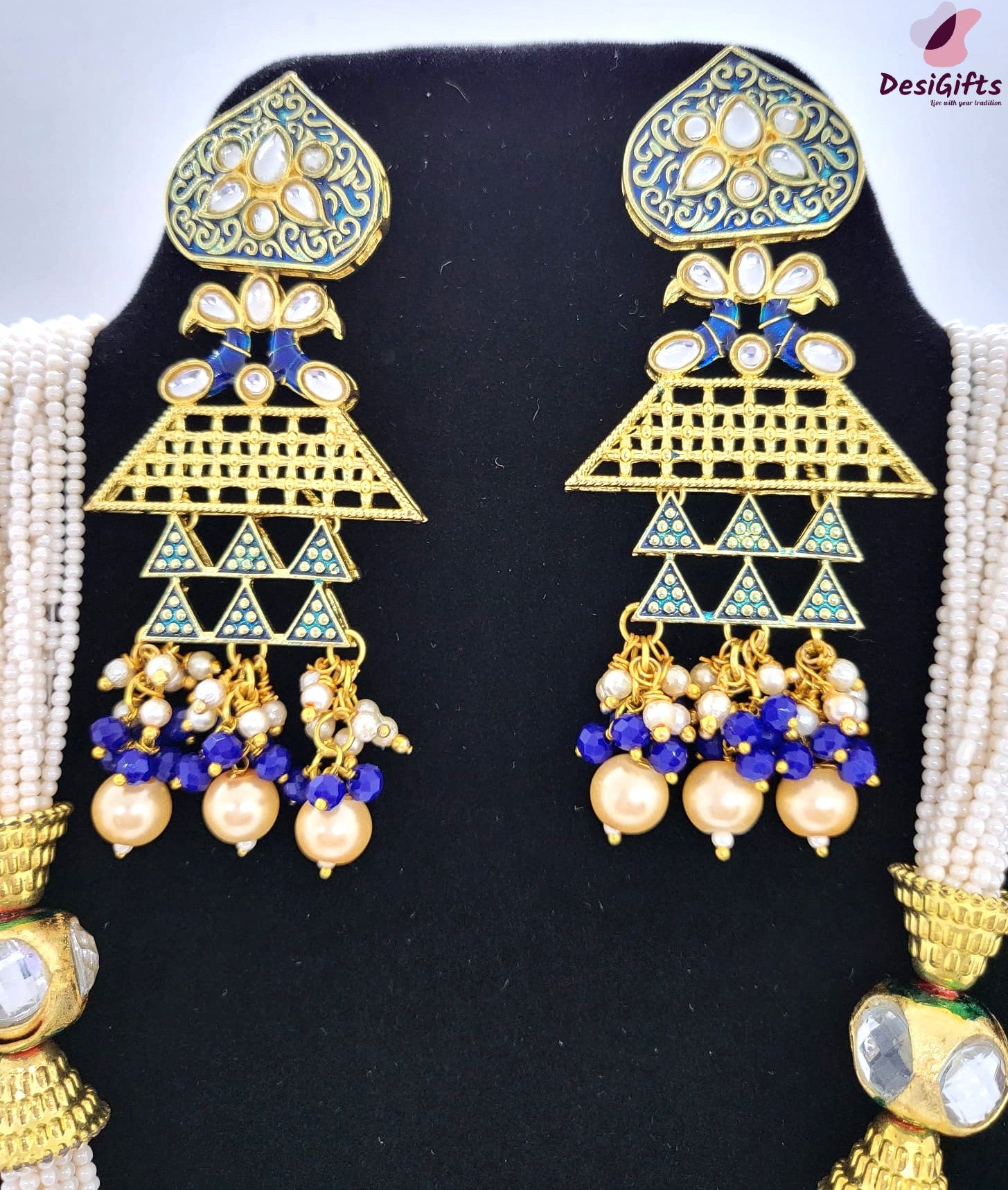 Peacock Blue Kundan Style Necklace Set, NKT#870