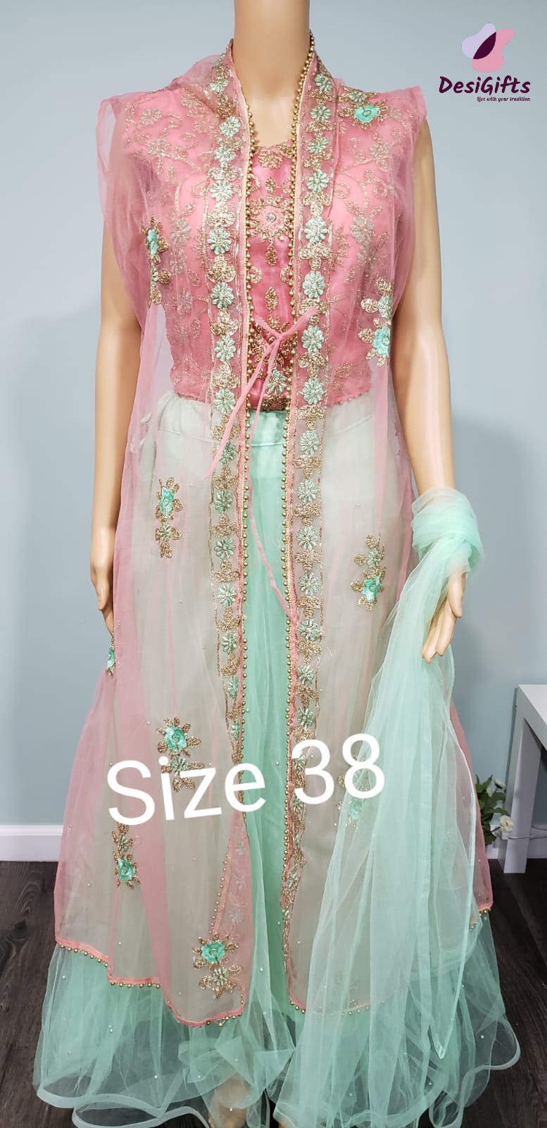 Pink-Turquoise Shade with Golden Zeri Silk Lehenga Choli 4 Pieces Ethnic Wear, Design LHG #498