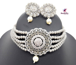 5 Rows Gray Pearl Bead Choker Necklace Set with D, NKT#866