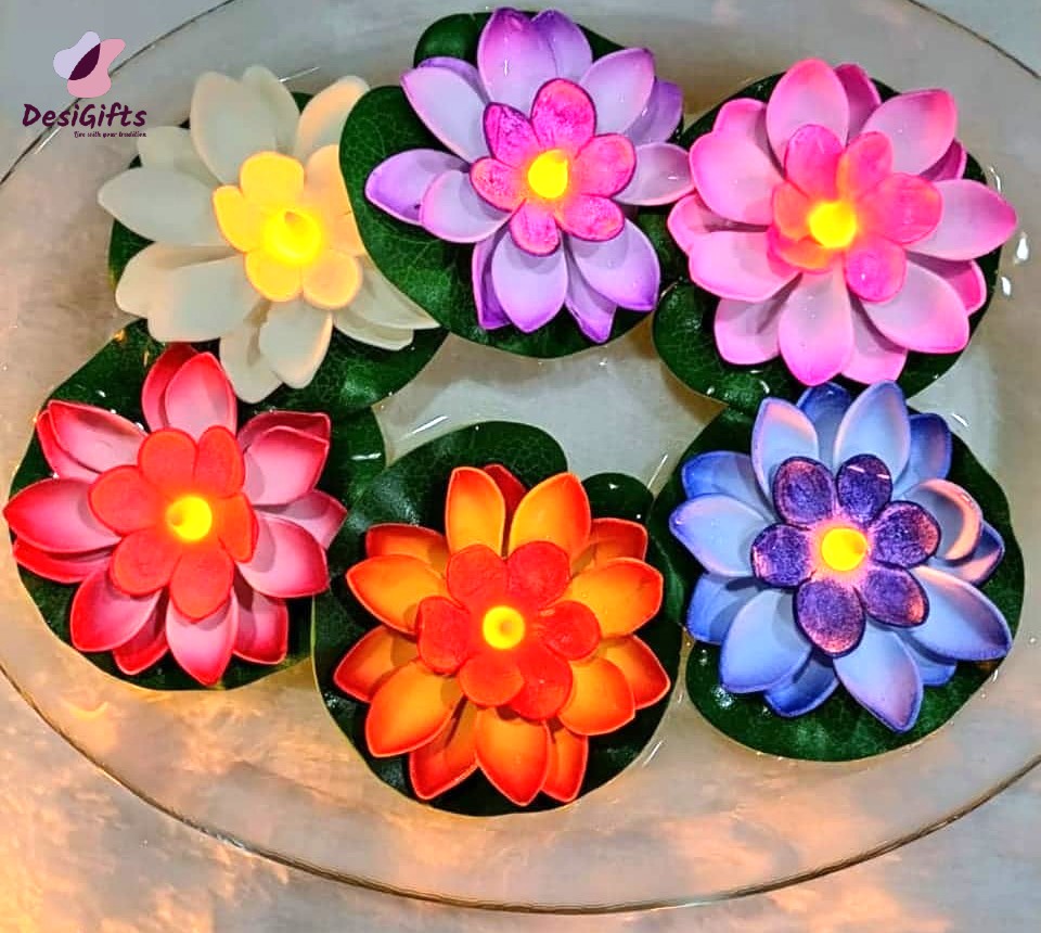 Water Sensor LED Light Lotus Floating Deep/Diya, Set of 6, CHR#875