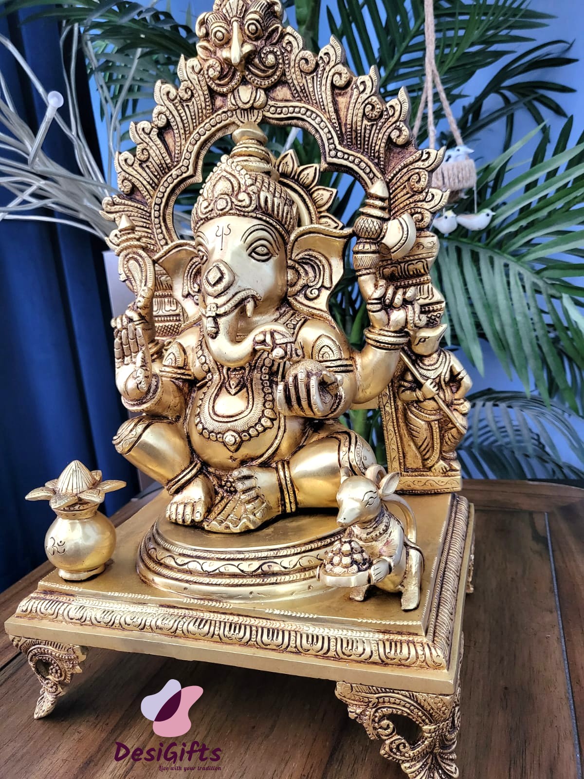 Intricate Curved Lord Ganesha Statue in Brass, 16" Height, GIB#134