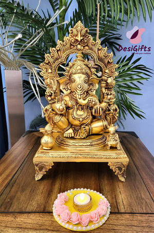 Intricate Curved Lord Ganesha Statue in Brass, 16" Height, GIB#134