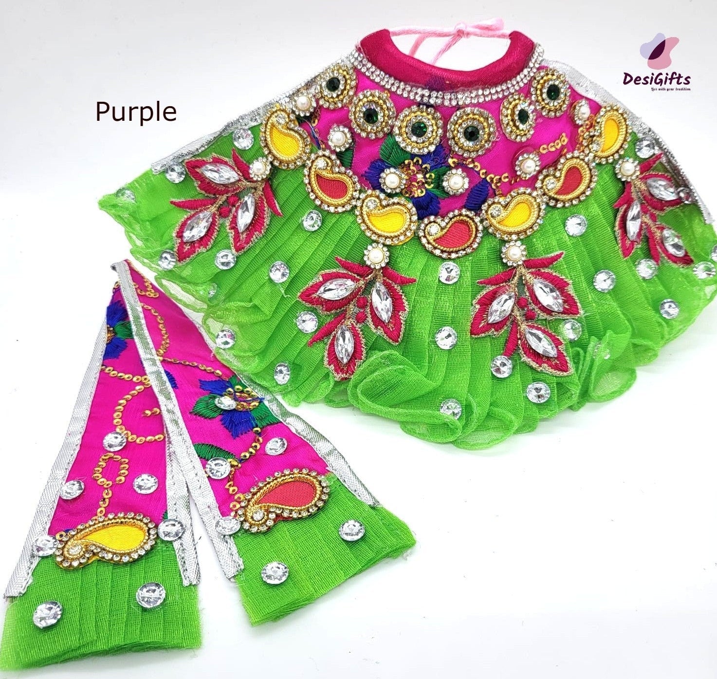 5" Heavy Green Godess Durga Ji Silk Dress with Bells, RKF#862